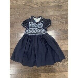 Anavini Hand Smocked Navy Dress Sz 2 Peter Pan Collar Party Special Occasions